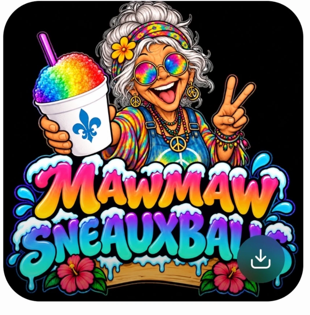 MawMaw mascot with a rainbow snowball